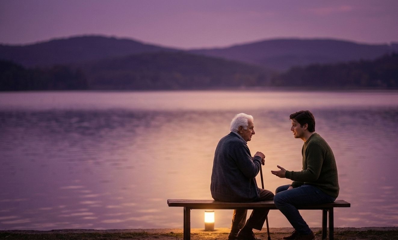 An older man and a younger man talking on a bench beside a lake at dusk, a lantern lit between them