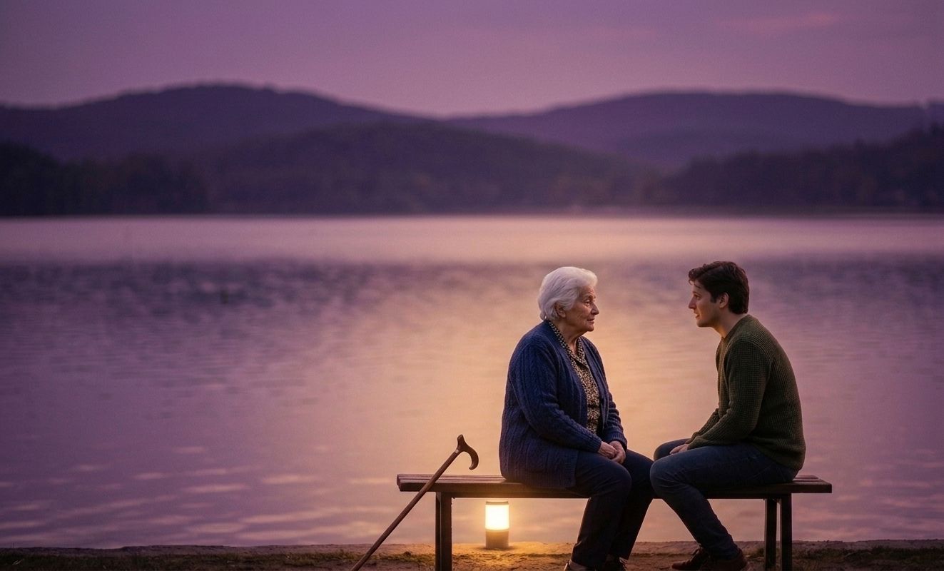 An older woman and a younger man sitting together on a bench by a lake at dusk, a walking stick resting beside her and a lantern lit between them
